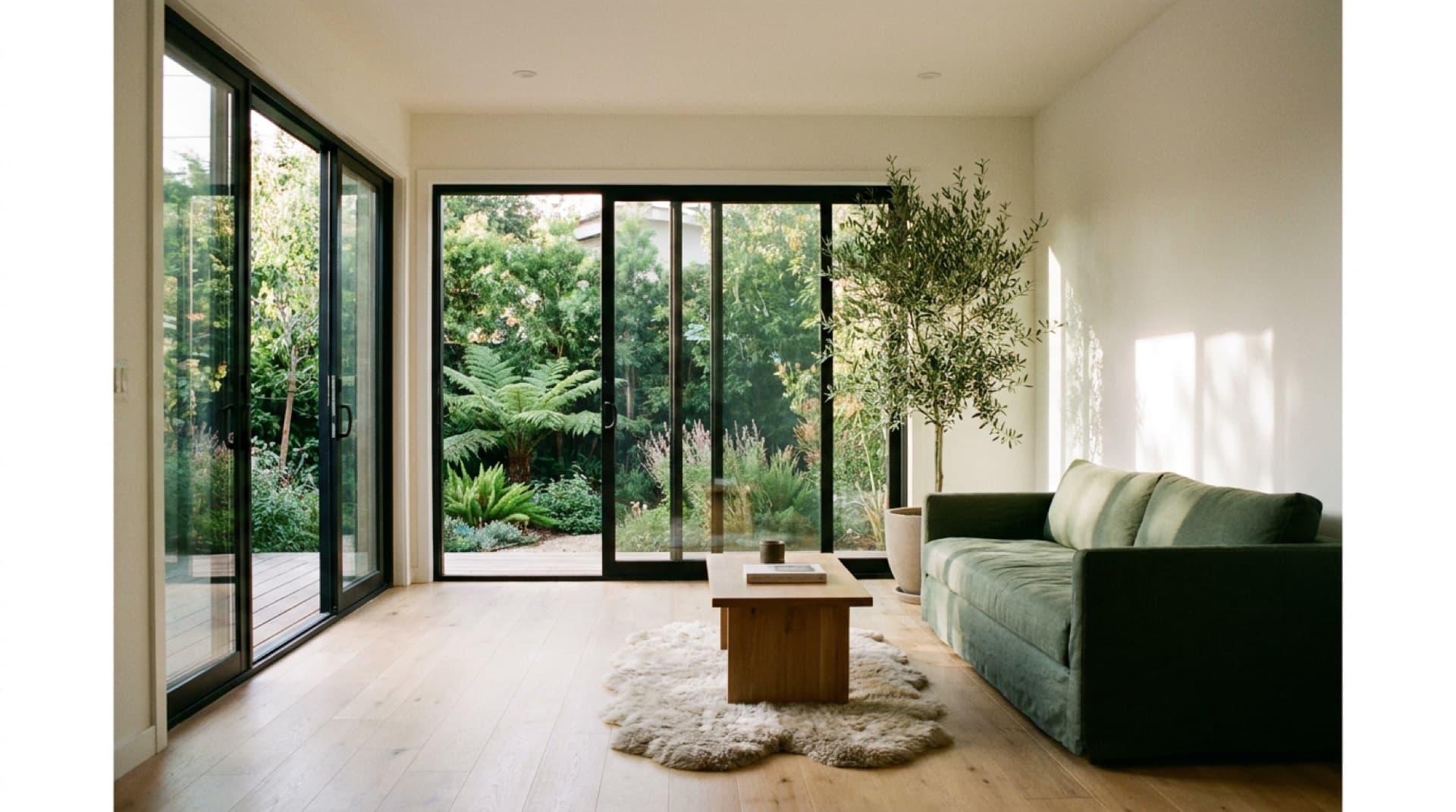 Interior of a finished modern ADU opening to a garden